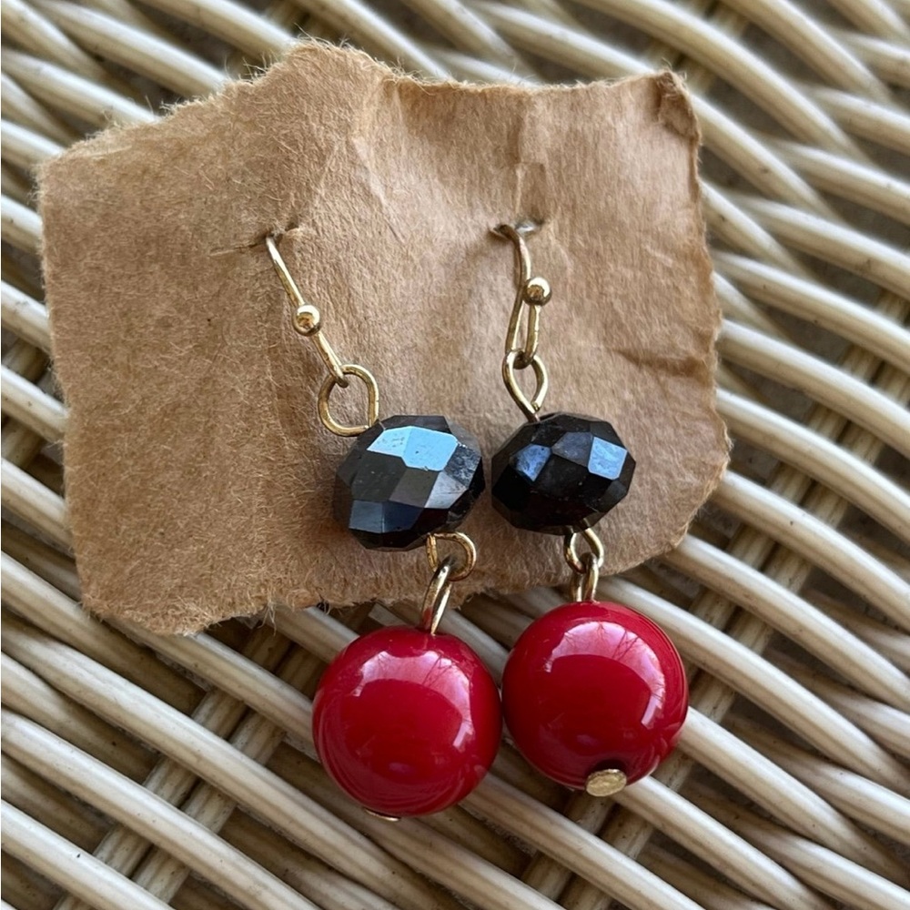 Gold Tone Red & Black Bead Drop Earrings